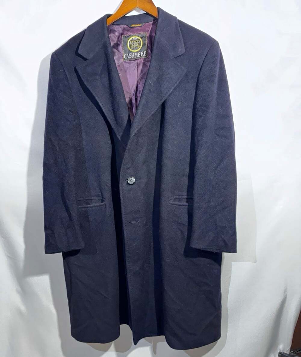 Kaufmann's Men's Navy Cashmere Long Overcoat Notch Collar Button Pockets